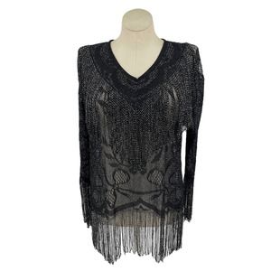 Vintage 70s Black Mesh Knit Top Fringe Silver Frederick's of Hollywood Size L